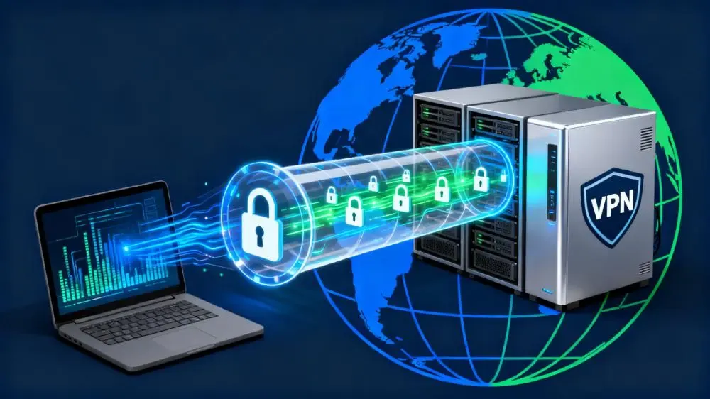 Диаграмма, показывающая работу VPN устройство → зашифрованный туннель → VPN-сервер → интернет.webp