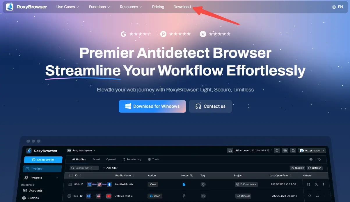 RoxyBrowser official site download button.webp