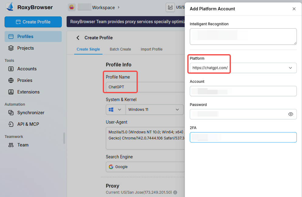roxybrowser creat profile for chatgpt.png