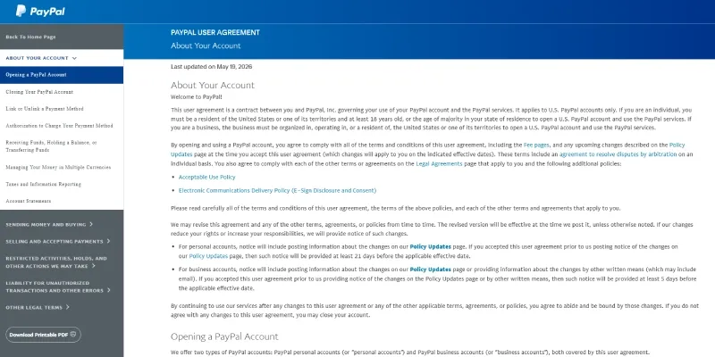 PayPal User Agreement page explaining rules for multiple PayPal accounts
