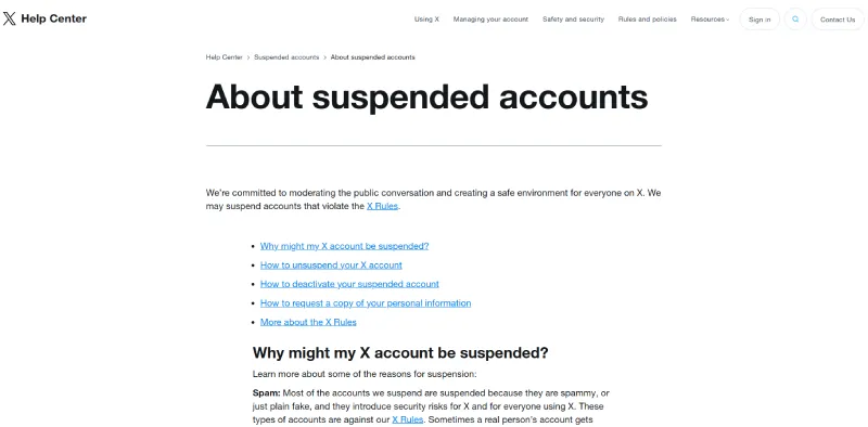 X Help Center suspended account appeal form interface