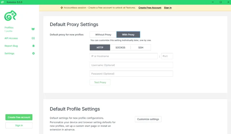 Kameleo built-in proxy management settings