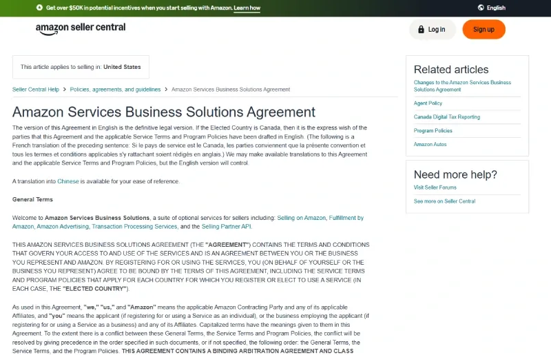 Screenshot of Amazon Services Business Solutions Agreement showing the one-account-per-region default rule for sellers