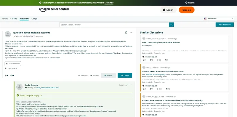 Screenshot of Amazon's multiple seller accounts policy page showing the legitimate business need exception