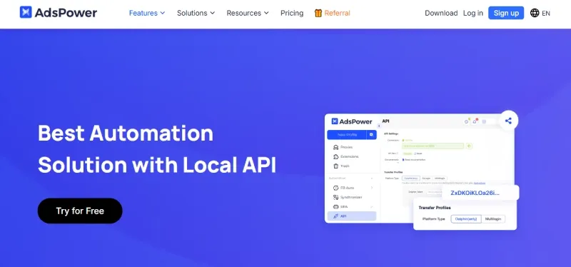 Screenshot of the AdsPower Local API documentation page
