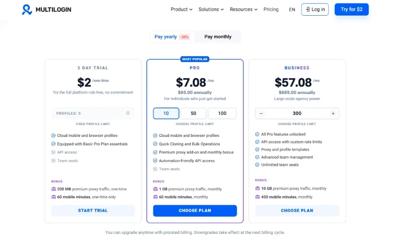 Screenshot of the Multilogin pricing page