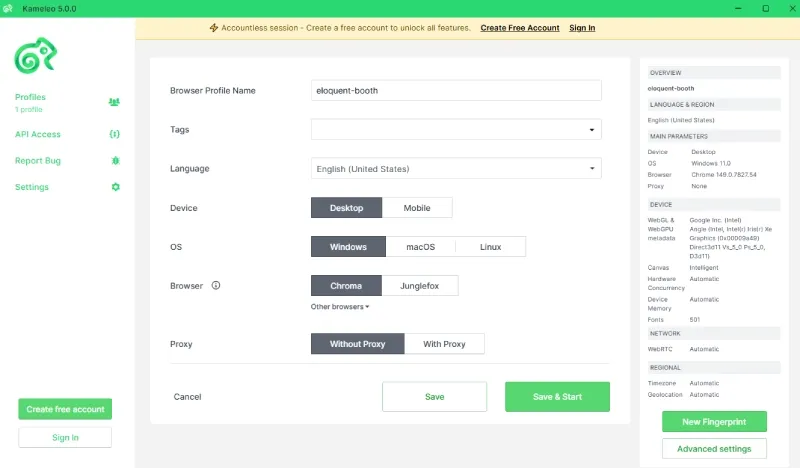 create a Kameleo browser profile