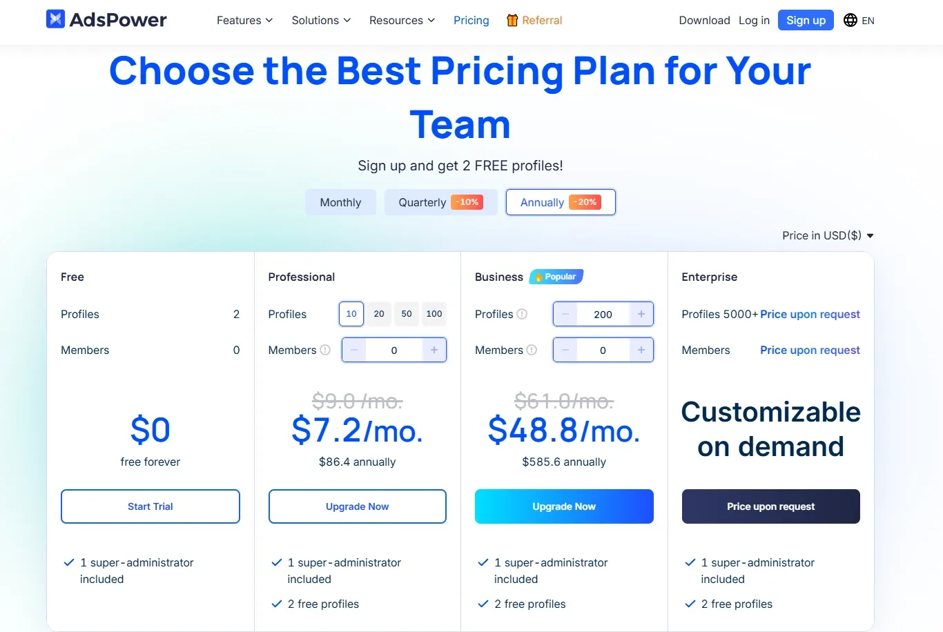 AdsPower pricing page