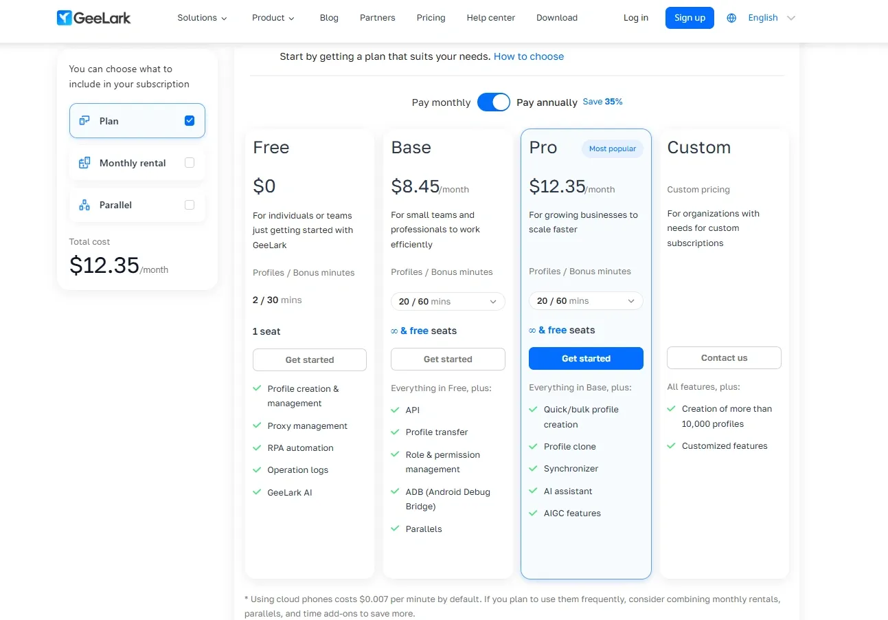 GeeLark pricing page