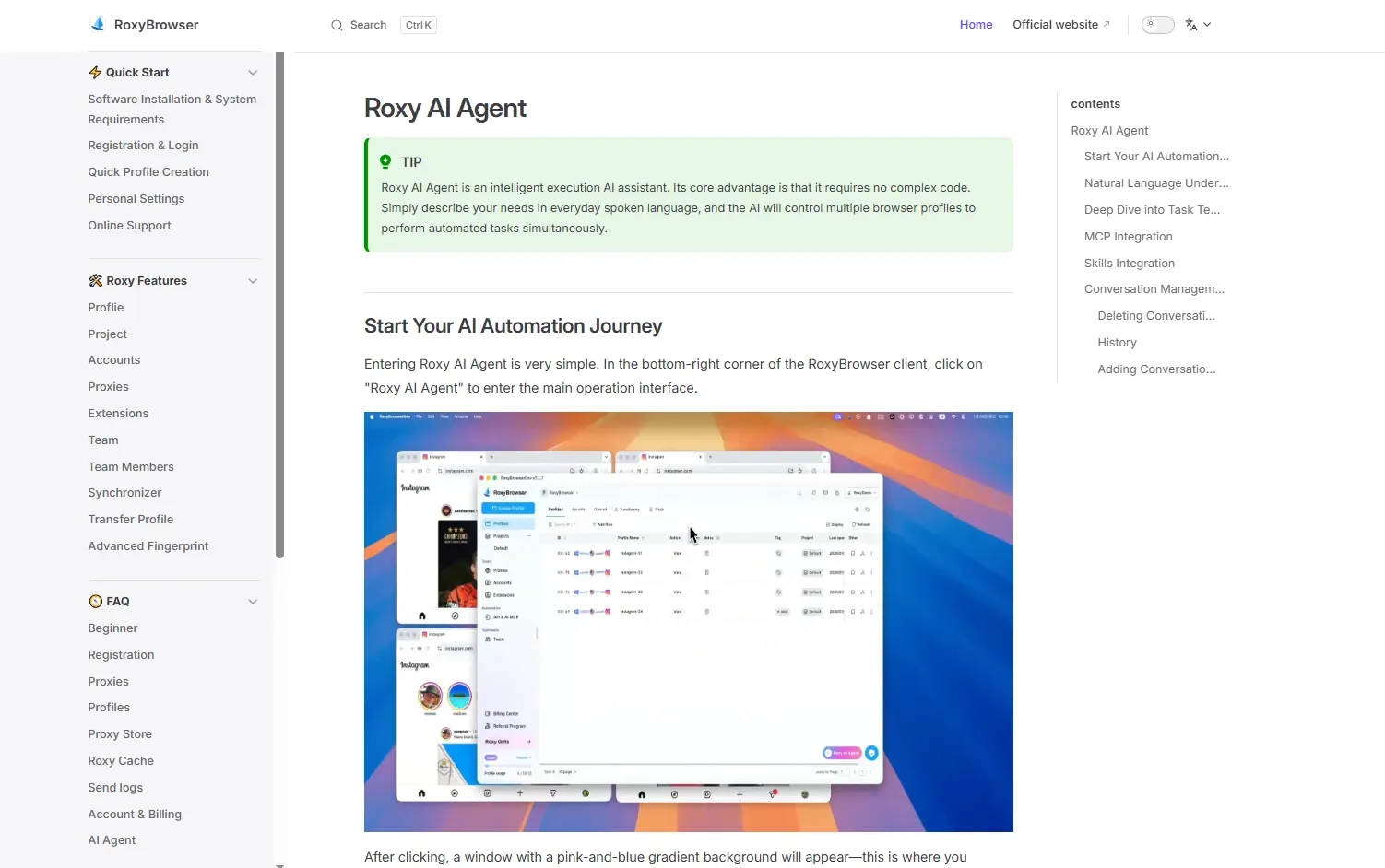 roxybrowser AI agent introduction page
