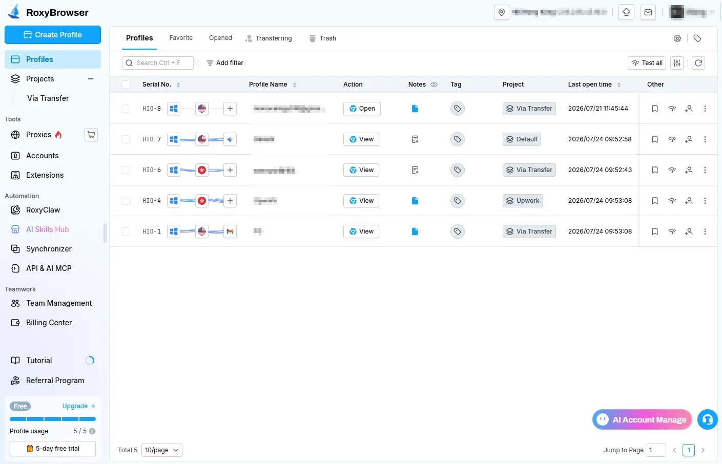 RoxyBrowser project-management view