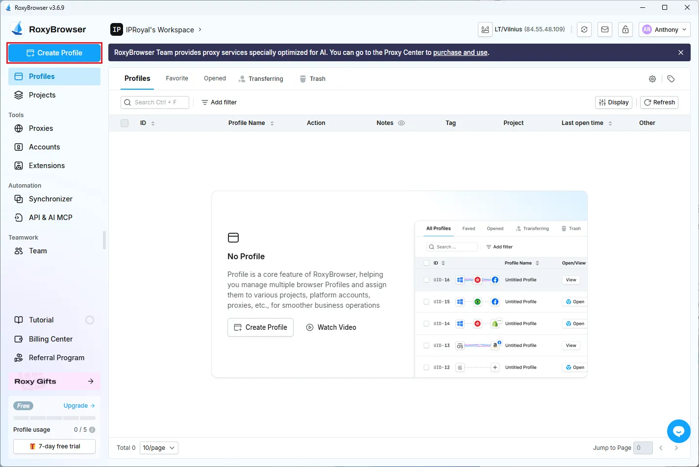 Launch the RoxyBrowser and click Create Profile.webp