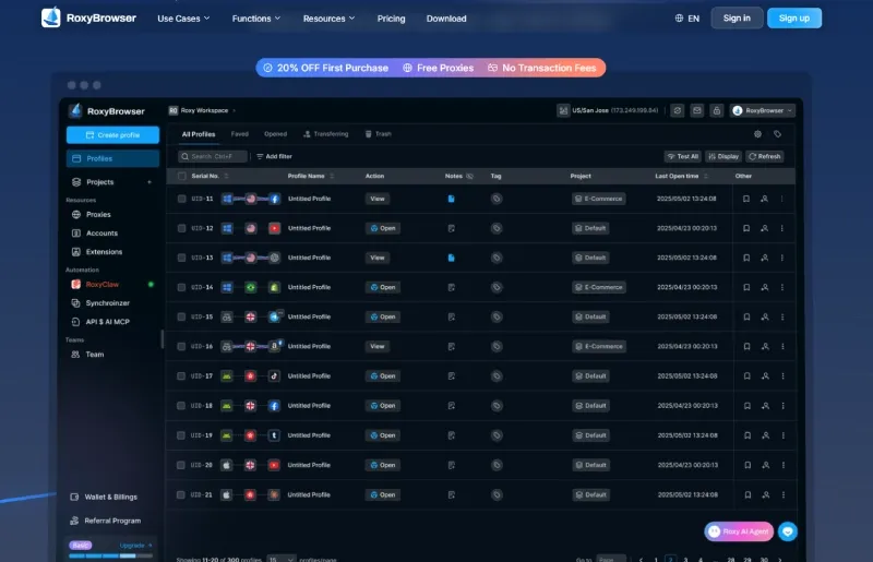 Roxy anti-detect browser interface showing multiple TikTok account profiles with separate fingerprints