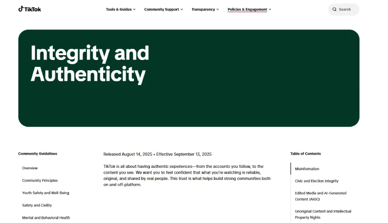 Screenshot of TikTok's official Community Guidelines page on spam and inauthentic   behavior