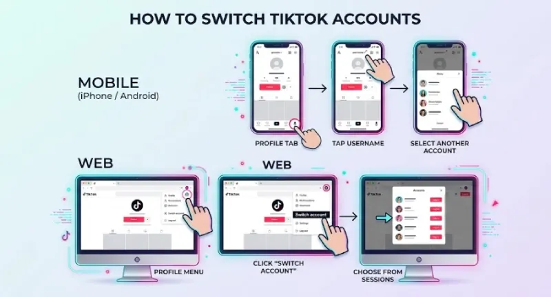 Steps showing how to switch between multiple TikTok accounts inside the app