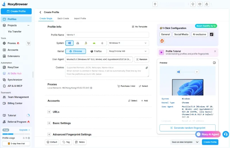 Antidetect browser interface used to manage multiple accounts