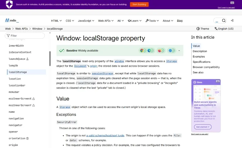 MDN Web Docs screenshot explaining localStorage used for tracking multiple Reddit accounts