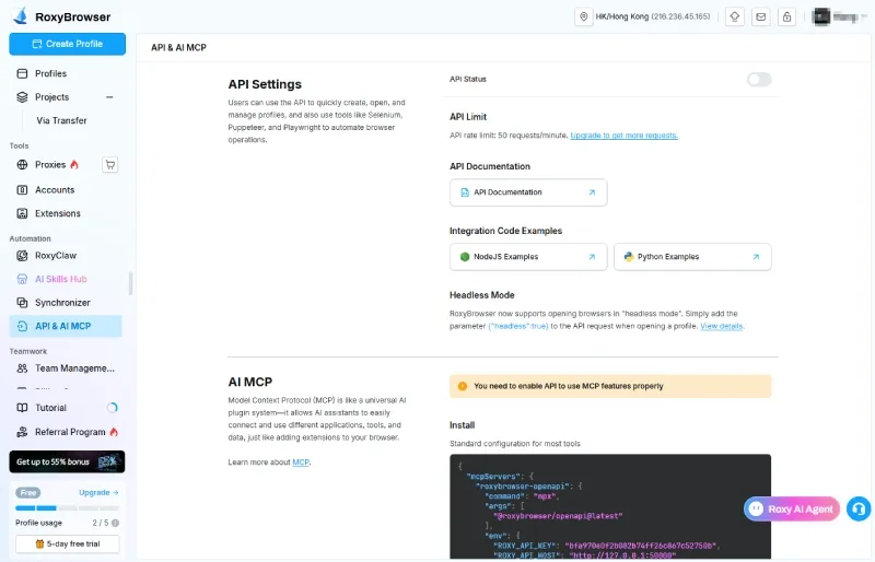 RoxyBrowser MCP integration page