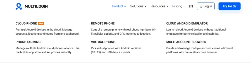Screenshot of Multilogin features showing Cloud Phone, Remote Phone