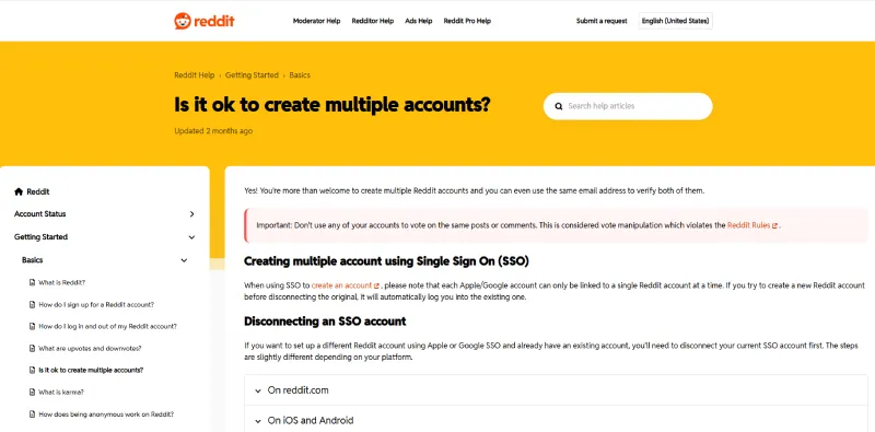 Screenshot of Reddit Help page explaining the rules for creating multiple Reddit accounts