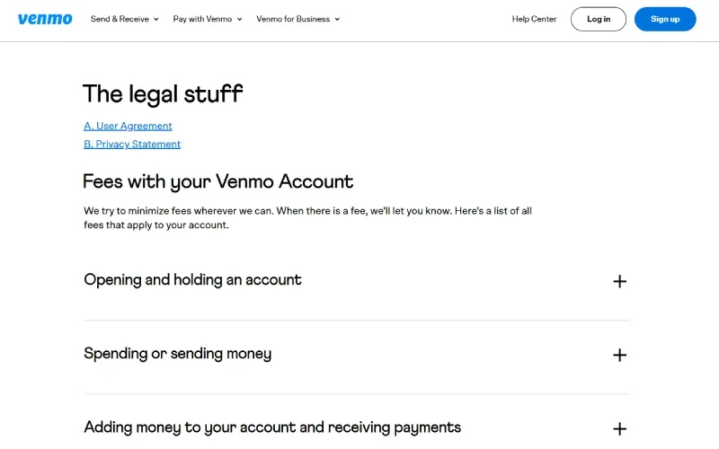 Screenshot of Venmo's fee schedule on the Our Fees page