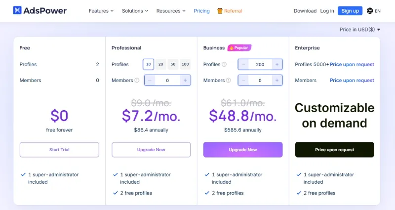Screenshot of the AdsPower pricing page