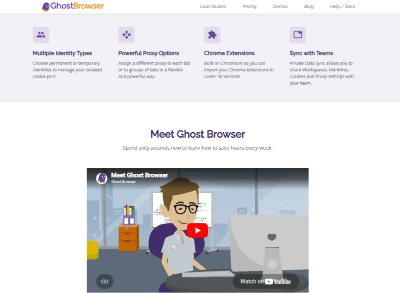 Screenshot of the Ghost Browser features page