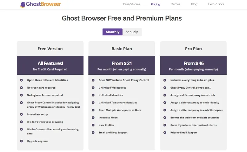 Screenshot of the Ghost Browser pricing page