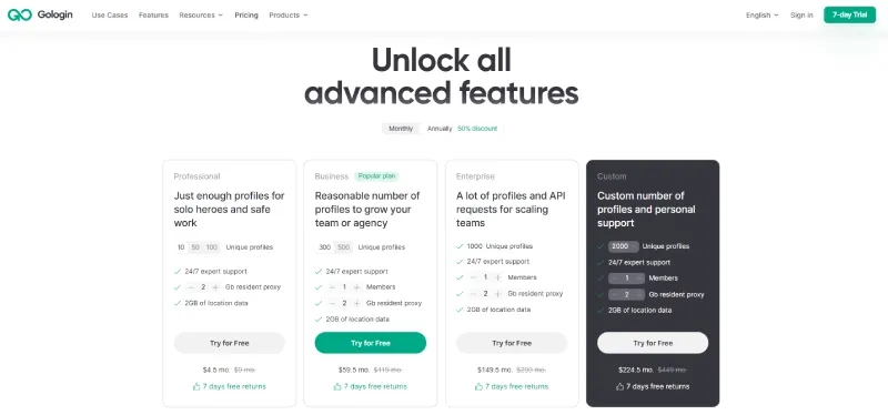 Screenshot of the GoLogin pricing page with free and paid plans