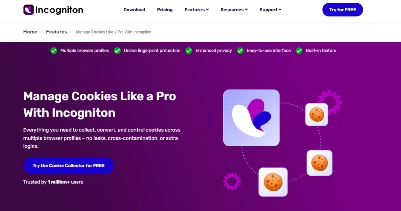 Screenshot of the Incogniton Cookie Collector feature page