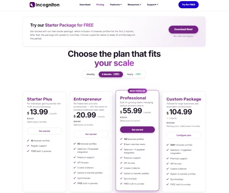 Screenshot of the Incogniton pricing page with available plans