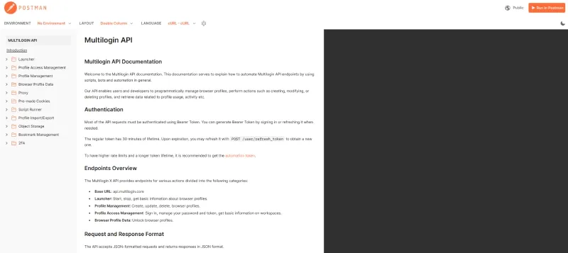 Screenshot of the Multilogin API documentation page