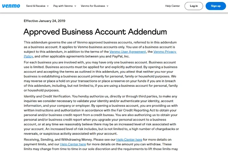 Screenshot of the Venmo U.S. Business Account Addendum page