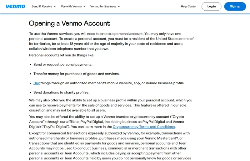 Screenshot of the Venmo User Agreement page on venmo.com