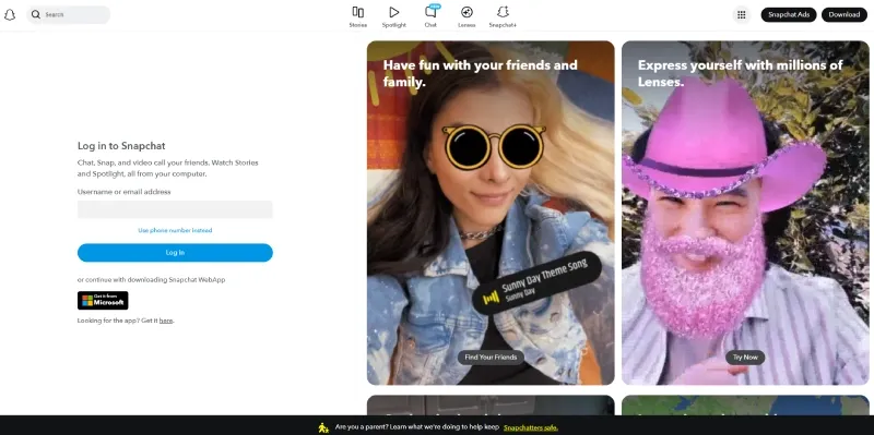 Snapchat for Web desktop interface used for managing a separate account session