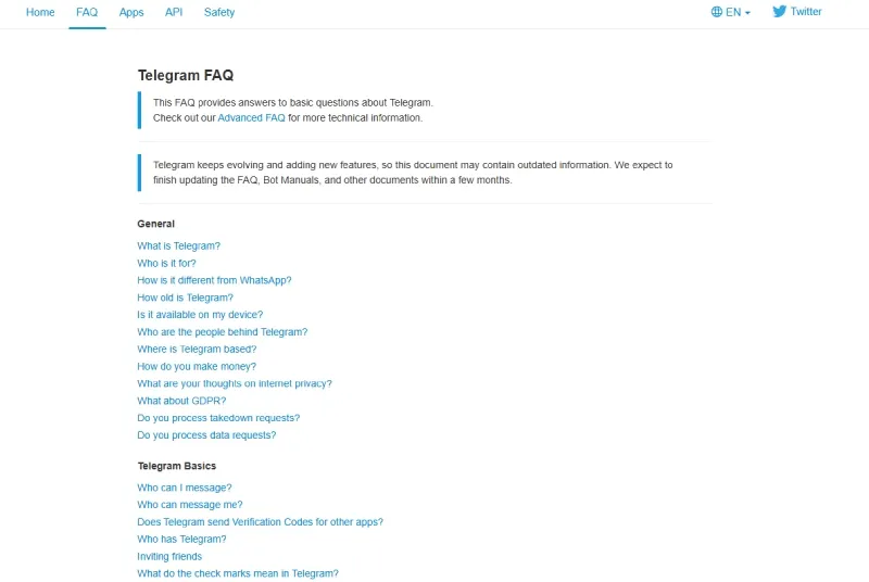 Telegram official FAQ page screenshot