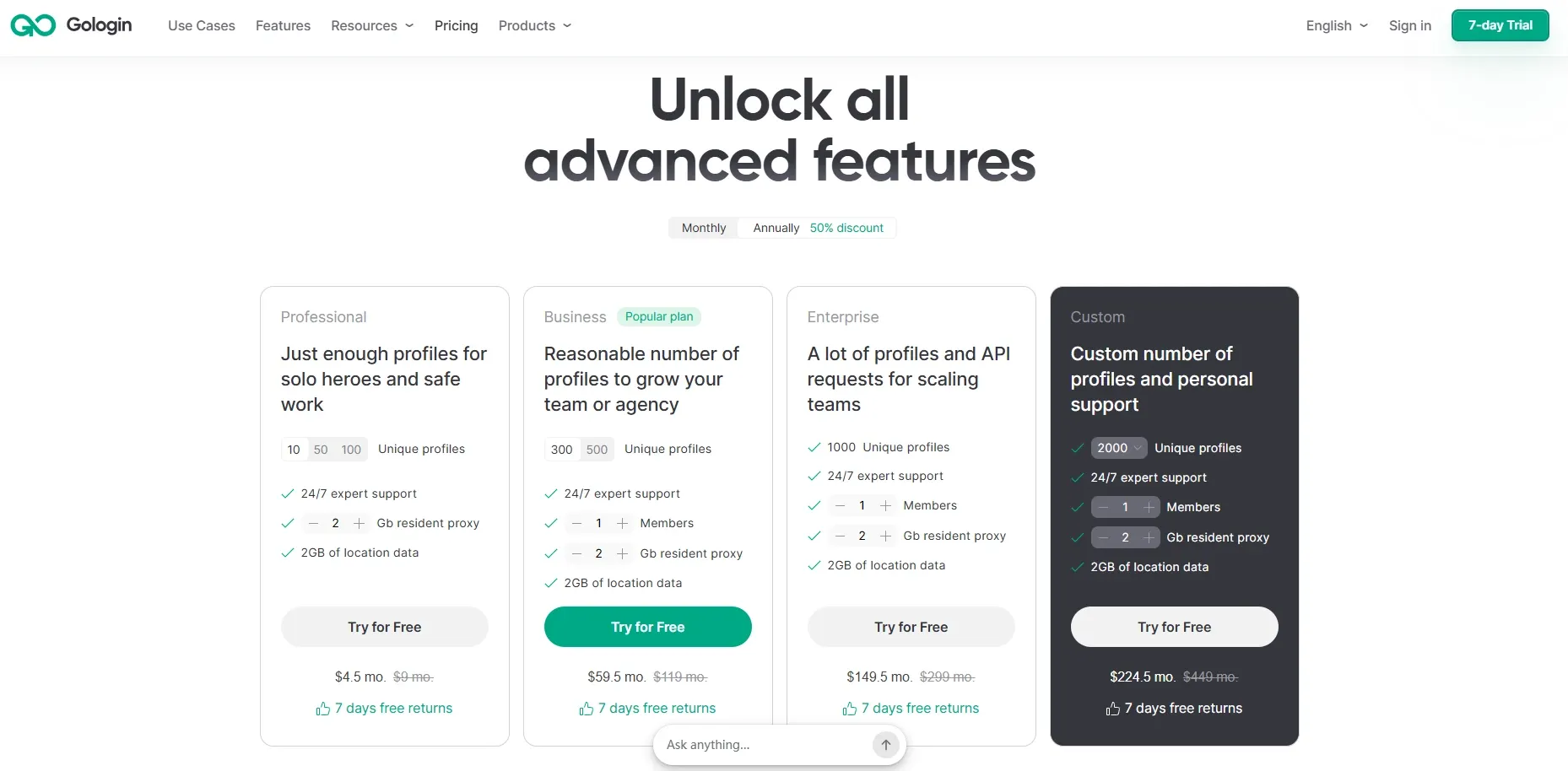 GoLogin pricing page