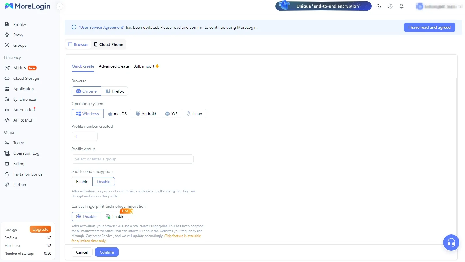 MoreLogin new profile create interface