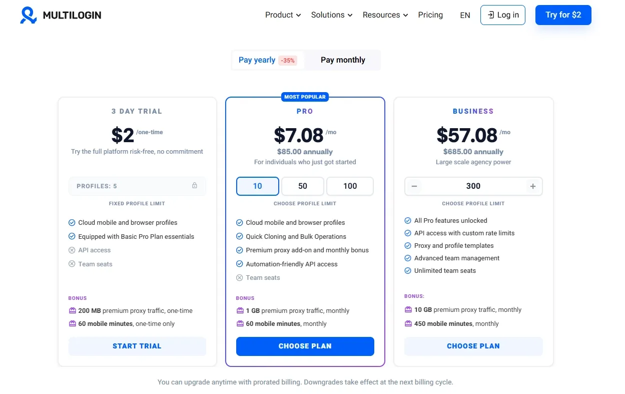 Multilogin pricing page