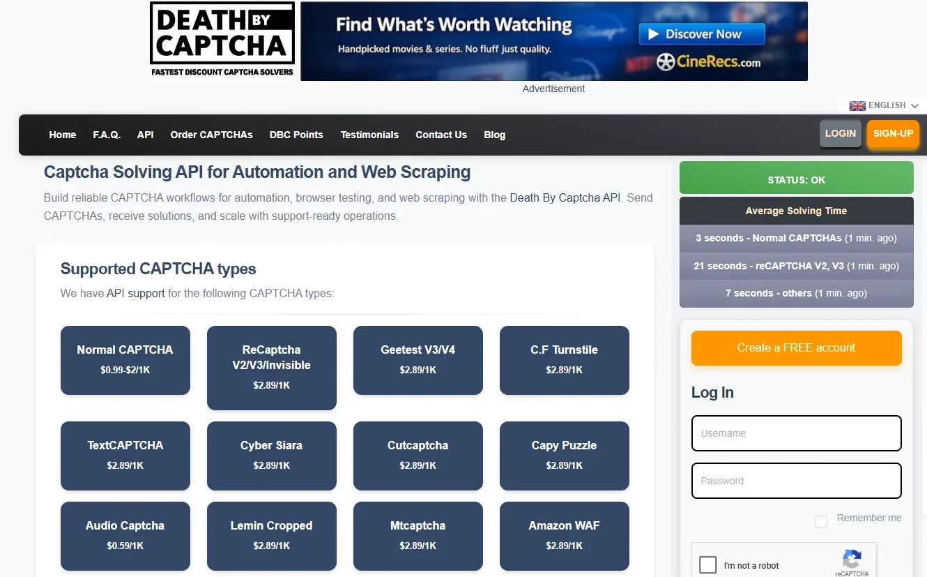 DeathByCaptcha homepage