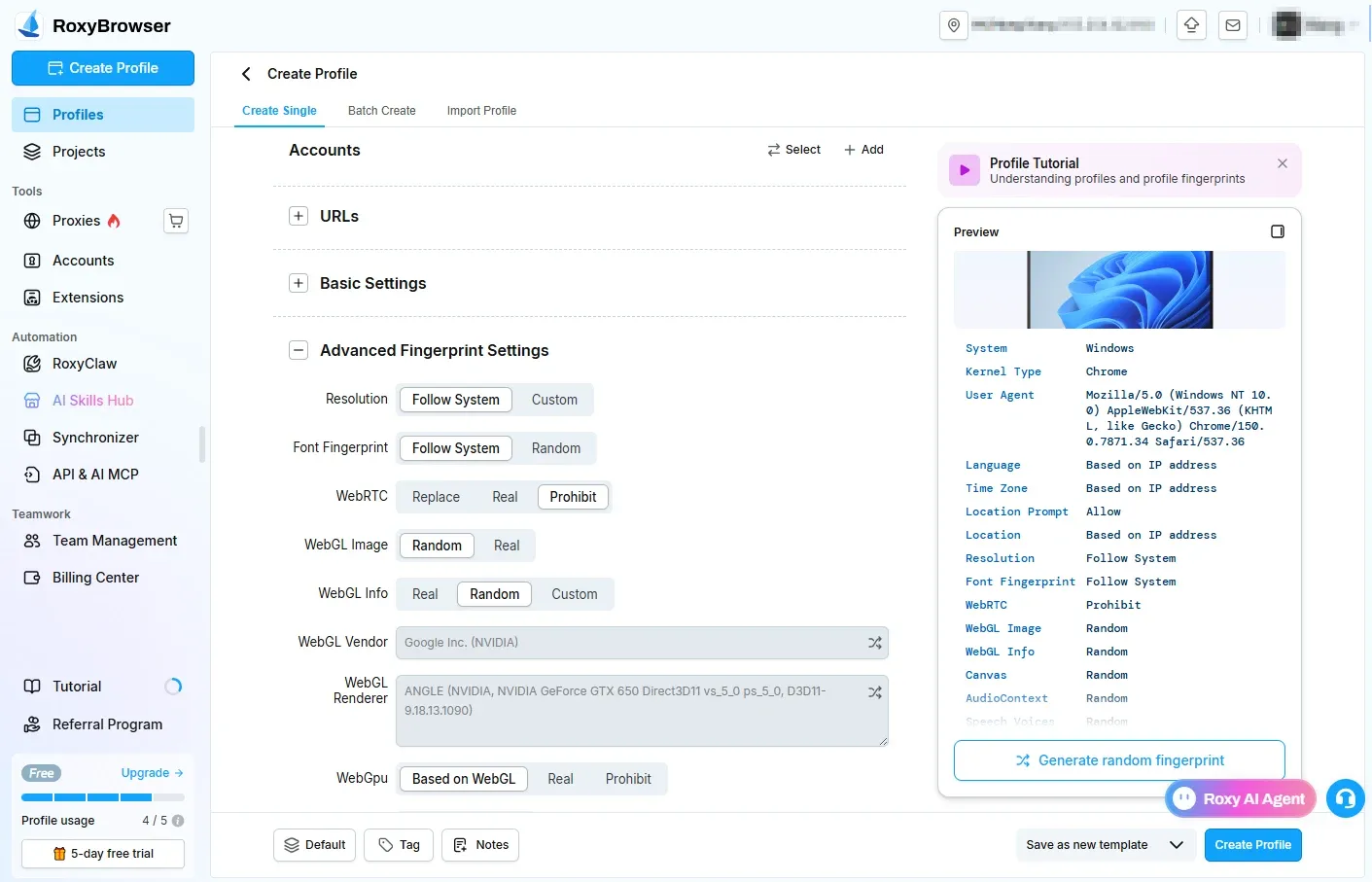 roxybrowser app profile create page