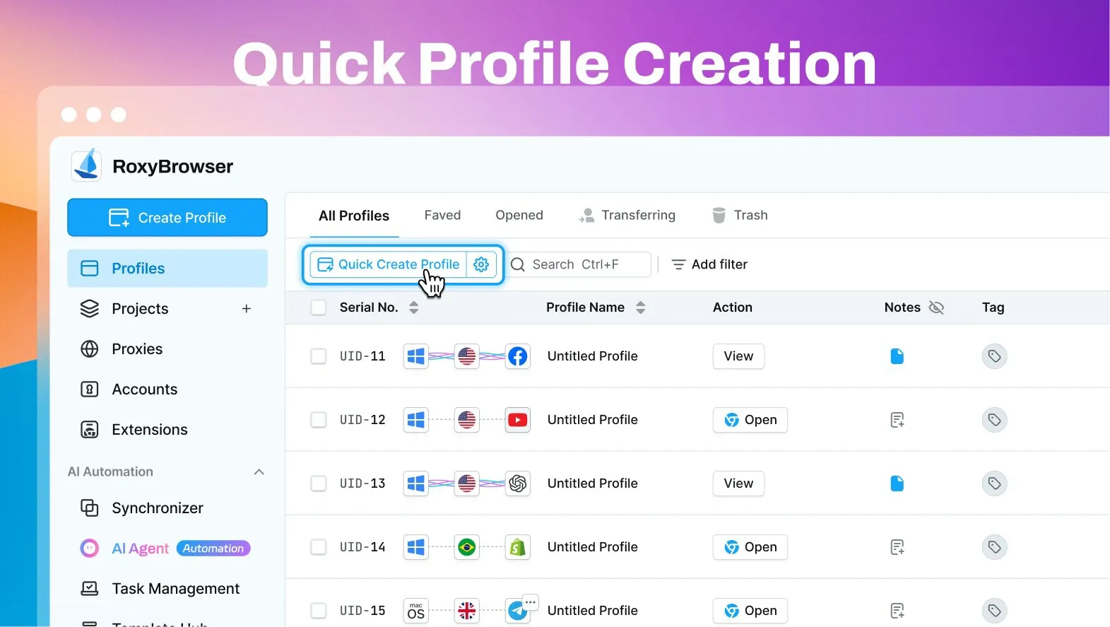 image of quick create profile