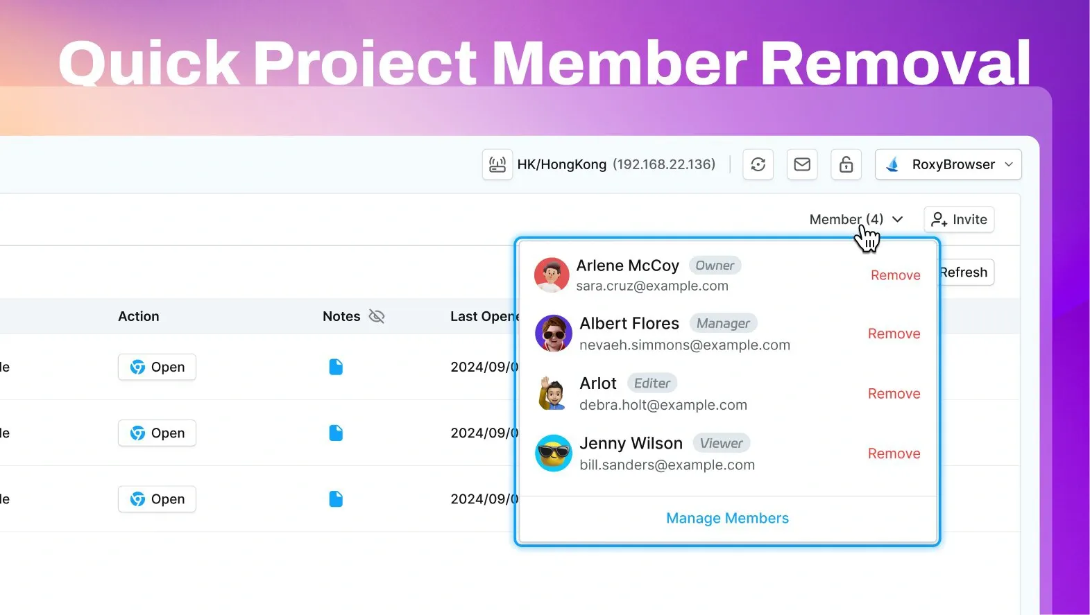 image of removing project members directly from the list