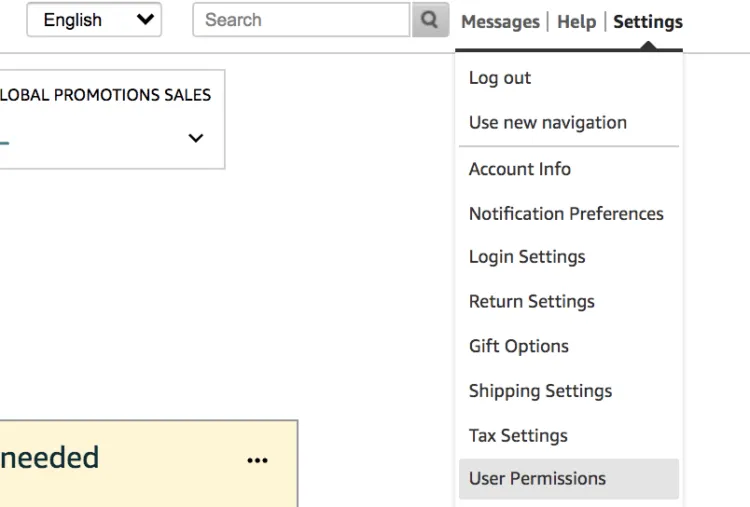 Amazon Seller Central Settings menu with User Permissions highlighted