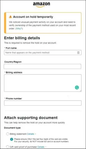 Amazon buyer account temporarily on hold with billing verification fields