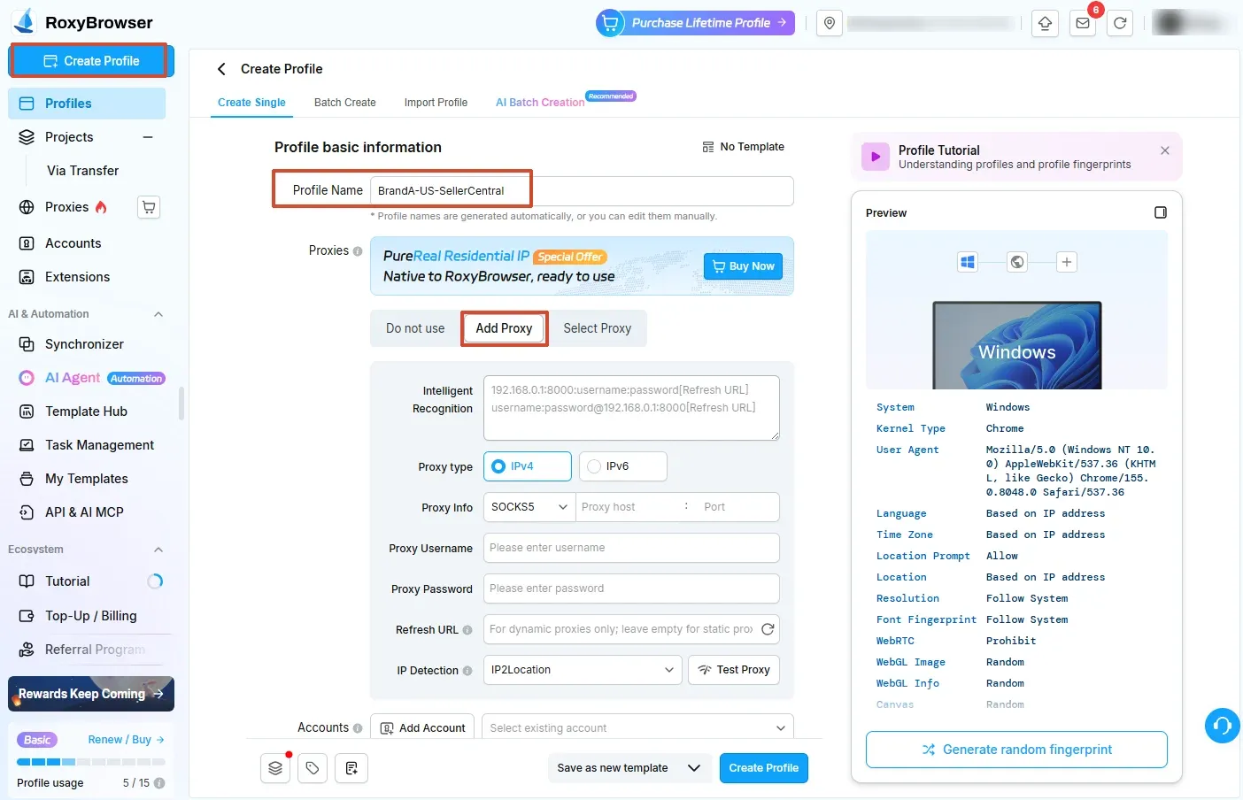 RoxyBrowser profile example setup with a store-specific name