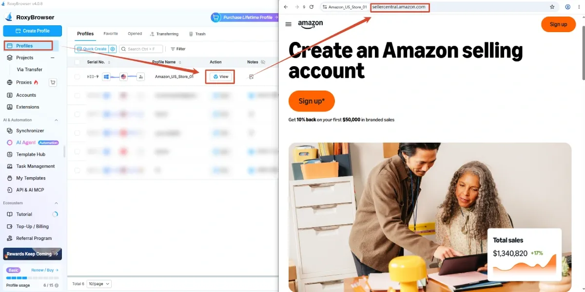 RoxyBrowser profile and the corresponding Amazon page