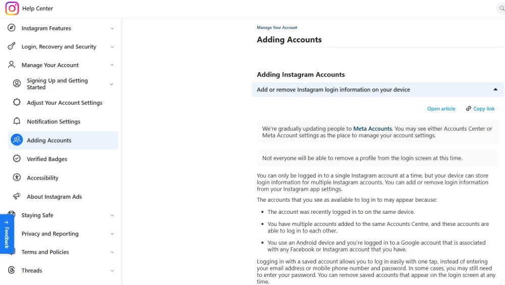 Instagram Help Center page explaining how saved login information can store multiple account sign-ins on one device