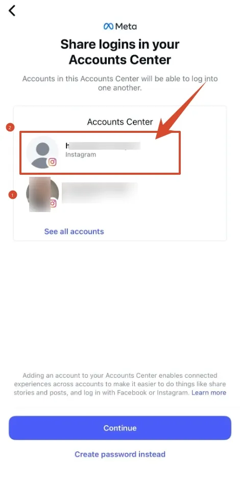 Instagram Accounts Center screen showing shared login options for connected accounts