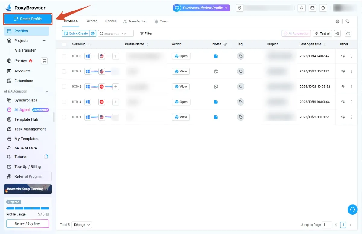 RoxyBrowser Profiles screen showing the Create Profile controls